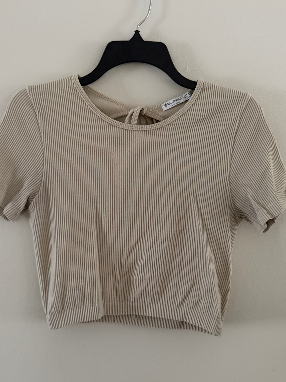 stradivarius Beige Ribbed Tie-Back Crop Top